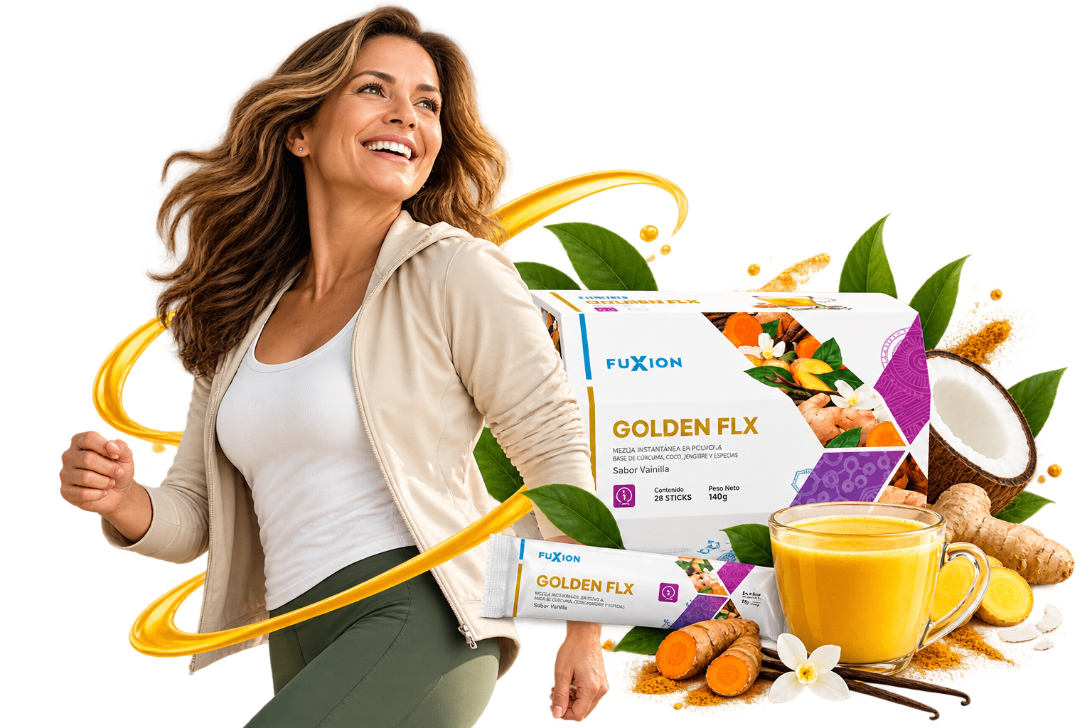 Mujer sonriente en movimiento junto a la caja, el stick y la bebida preparada de Golden FLX